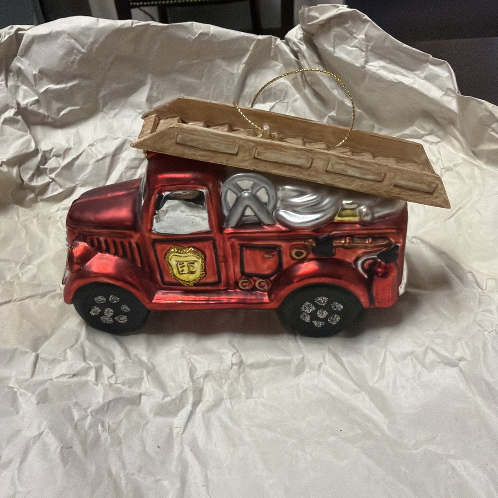 Blown Glass Red Firetruck Truck Ladder Christmas Tree Ornament Holiday Decor